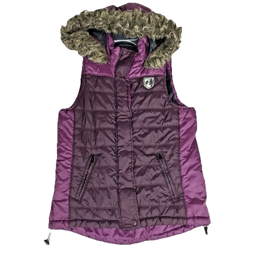 American‎ Eagle Womens Purple Quilted Puffer Vest Faux Fur Hood Size M 09/10